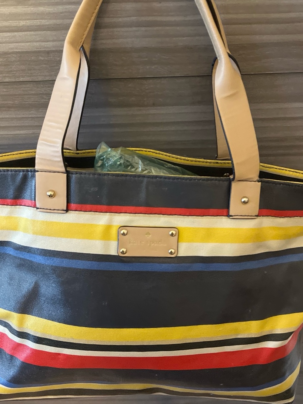 kate spade Multicolor Striped Canvas Tote with Tan Leather Handles